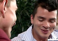 Dicksucking hunk banged while wanking cock