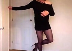 Black off the shoulder dress, pantyhose and heels