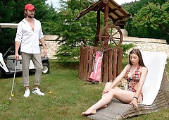 Cute-looking teen Summer Pixi is getting impaled in the garden