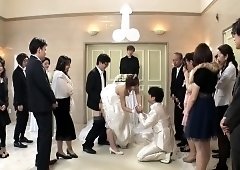Slutty Japanese bride in lingerie indulges in wild group sex