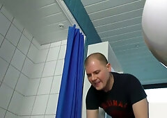 Skinny blonde lets repairman taste her after fixing the tiles