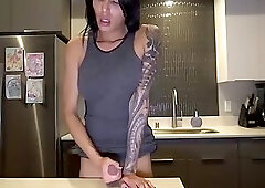 Sexy ts masturbates and cums on the kitchen counter