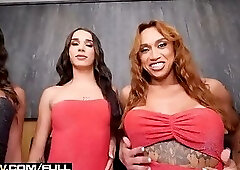 Double anal train on guy by 5 curvy latina trannies from Brazil