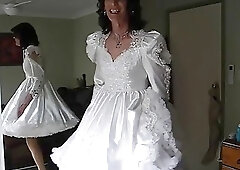 Crossdresser Masturbating in Shortened Weddding Dress