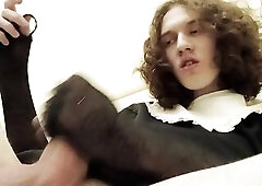 Trans cutie in maid suit masturbates her tiny love button
