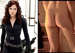 A split screen view of Scarlett Johansson in her Black Widow costume vs her nude scene