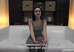 Czech brunette hair with precious titties, Petra got banged from the back, during a porn episode casting