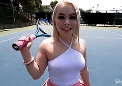 Cutie blonde Haley Spades is sucking a huge dick on the knees