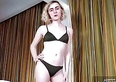 Skinny blonde shemale in first amateur cam play