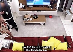 Sexy wife receiving the delivery guy and letting him apply moisturizer on her teaser - With English subtitles