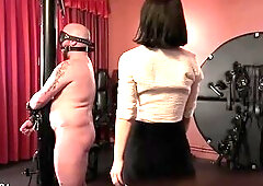 My yielding is blindfolded, gagged and restrained. I use a diversity of floggers and whips on him, lazily building up the intensity. The implements de