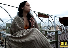 Young Russian beauty swaps her cigarette for a thick cock on the rooftop deck