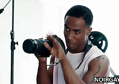 Gay interracial threesome sex during photoshoot