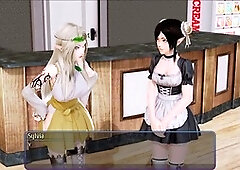 Anime visual novel gameplay featuring joystick action in a harem hotel