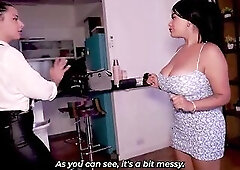 A cleaning lady catches a pair having sex and joins 'em for a very hawt 3some.