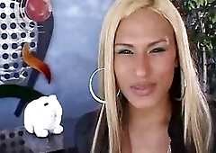 Tanned blonde seductively strokes her tranny boner for the camera