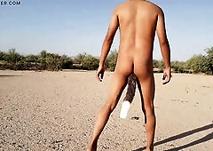 pretty Trans bare in public with very sexy heels and worthwhile legs sticks anal plug in her butt and squirts