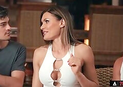 Horny Kitana Lure watches two guys playing ball outside. She clearly wants both of them. Fortunately they dropped the ball in her backyard.