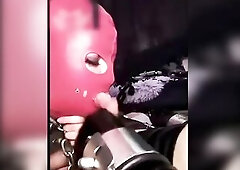 Hooded Oral sex for Locked Up Sissy in Leather