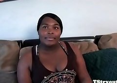 Chubby casting ebony tranny enjoys wanking