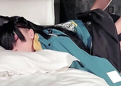 Asian bimbo sucks on a big cock close up