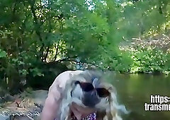 Shemale Strokes Her Cock in Public