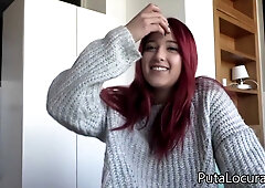 Redheaded Latina wife gives eager blowjob and handjob before cumshot