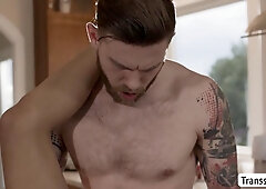 Hunk dude visits the house of hes bestfriend and he meets his TS girlfriend.After that,they get horny and start kissing in the kitchen.Next is,he suck