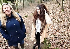 Blonde mom and brunette teen give a double blowjob outside