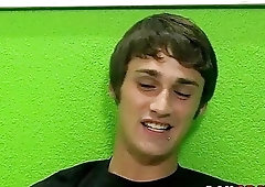 Lovely twink strips after an interview and strokes his schlong