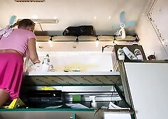 Hawt bitch working half nude and serving unaware customers