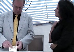 Inked brunette hair sucks and screws aged man's schlong previous to the jizz flow.