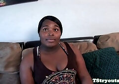 Thick Asian ladyboy sucks big cock eagerly during audition