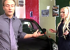 Cindy Behr bends over a garage car in pink fishnets for deep doggy style