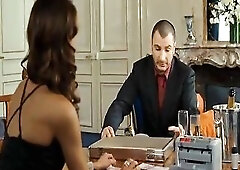 Catalina Denis hawt showing her braless cleavage in sexy taut suit whilst fighting with some chap on the daybed. From Coursier.