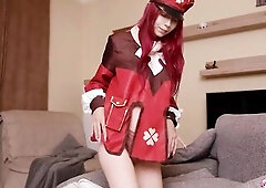 The charming redhead slim bitch in a cosplay and started rubbing and touching that soaked snatch in advance of drilling it with apurple sex-toy sex-to