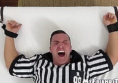 Bound mature hunk laughs while he receives tickling torment