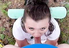 Large-boobed hotty got lost in the woods, but discovered a ramrod in outdoor