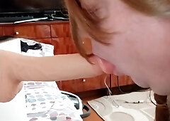 sissy Aleksa spunks and then slurps the man milk from the fake penis