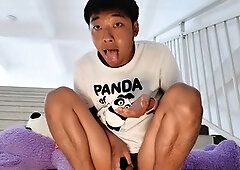 Cute young Chinese twink jerks off on university stairs while being watched