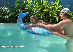 Polish and Brazilian lovers meet for steamy poolside striptease and anal play