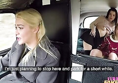 Female Fake Taxi - 3 marvelous sweethearts use sex toys in a taxi