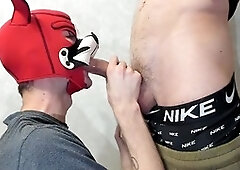 Young guy gives deep-throat blowjob to his friend's huge cock and gets a face full of cum