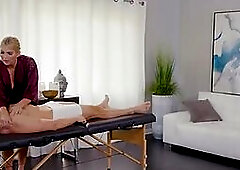 Oiled redhead babe fucked in massage 3way with busty MILF