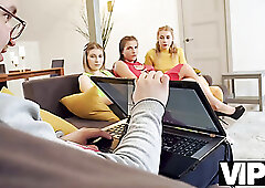 Three lezzies eat pussies in front of dumb watcher