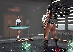 Cyber hotty dickgirl plays with a hot youthful black in the sci-fi lab