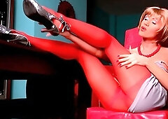 Sexy red pantyhose on MILF legs