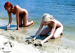 Skinny and young nudist ladies fool around on the beach