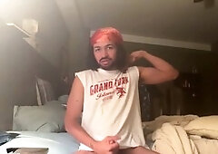 Hairy papi Mishaun smokes and pleasures himself with his big stiffy, showing off those armpits