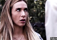 New escort has to prove herself to her boss and his stepson.The blonde deepthroats their big cocks.She handled rough by having her pussy slapped and n